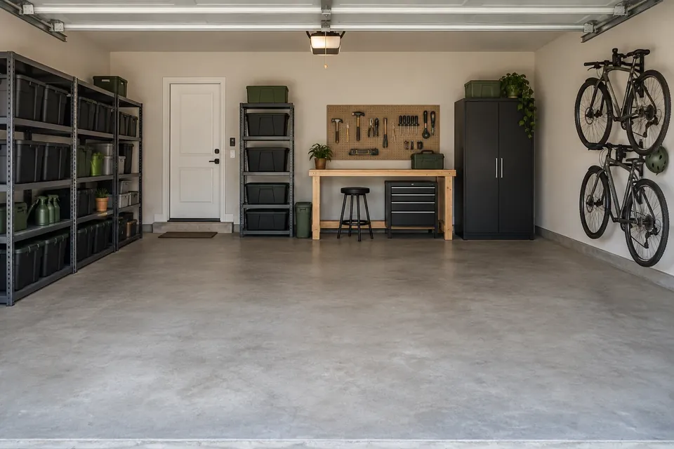 Organized garage concept with clear floor space and shelves